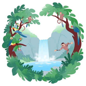 A lush jungle filled with dense, green foliage and towering trees. Vividly colored parrots with bright greens, reds, and yellows are perched on branches, surrounded by a canopy of leaves. Monkeys are seen swinging between the branches, their tails curled as they play among the trees. In the background, a hidden waterfall cascades down rocky cliffs, creating a mist that catches the light, with ferns and tropical plants growing around the water's edge. The entire scene is rich in various shades of green, adding depth to the jungle atmosphere.