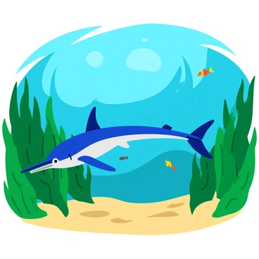 A sleek blue marlin gliding gracefully through a dense underwater forest of green kelp. The marlin is shown in profile, its elongated body and sharp bill clearly visible. Sunlight filters down from the surface, casting dappled patterns on the sandy ocean floor. The vibrant fronds of kelp sway gently with the currents, creating a lush, dynamic backdrop. Small colorful fish dart among the kelp, adding movement and life to the scene. The marlin’s scales reflect the shimmering light of the water, enhancing its striking appearance.