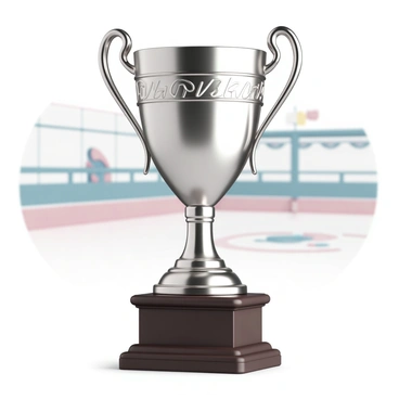 A shiny trophy, made of polished silver, with intricate engravings and a large, gleaming cup. The trophy is placed on an elegant wooden pedestal, which has a dark finish. The scene is well-lit, highlighting the details and reflections on the trophy's surface. The background features a blurred depiction of a roller derby rink, adding context to the award's significance.