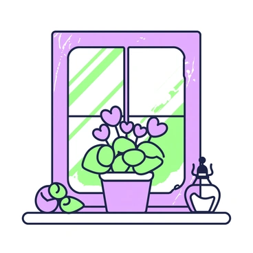 A windowsill in a quaint cottage features a cluster of "cyclamen flowers" arranged in a small pot. The flowers have distinctive heart-shaped leaves and vibrant blooms in various shades. Sunlight filters through the window, casting soft shadows on the sill. The wooden window frame is slightly weathered, adding character to the scene. A few small decorative items, such as a ceramic bird and a glass lantern, are positioned beside the pot, enhancing the cozy atmosphere of the cottage.