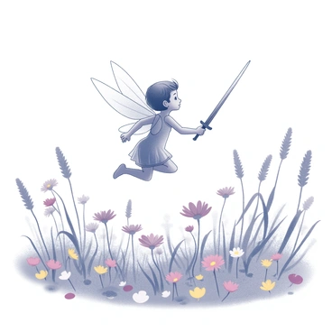 A tiny fairy with delicate translucent wings is soaring through a field filled with various flowers. The fairy is gripping a miniature sword in her right hand, which glimmers in the light. Around her, colorful petals are scattered across the ground, creating a vibrant carpet of blooms. The background is filled with tall green stems swaying gently in the breeze, enhancing the fairy's dynamic motion as she flits between the blossoms.