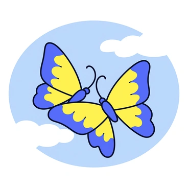 A pair of butterflies with vibrant blue and yellow wings are fluttering gracefully in the air. The butterflies are positioned close together, with their wings partially open, showcasing intricate patterns. They are surrounded by a clear blue sky, and a few fluffy white clouds can be seen in the background. The sunlight highlights the delicate features of their wings as they move in a synchronized dance.