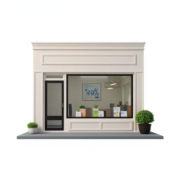A storefront with a large glass window showcasing various loan services. The exterior is painted in a light color, with decorative trim. Prominently displayed is a large sign with bold letters that reads "Current Interest Rate: 3.5%". The sign is illuminated and easily visible from a distance. Inside the storefront, there are neatly arranged brochures and pamphlets about different loan options on a counter. A few potted plants are placed near the entrance, adding a touch of greenery to the scene.