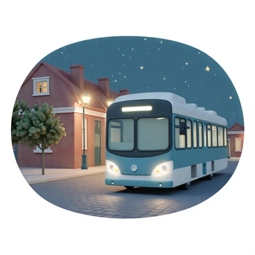 A bus driving through a quiet street illuminated by soft streetlights at night