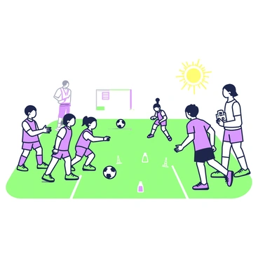 A group of children is engaged in a sports training session on a field. The children, wearing colorful athletic gear, are divided into two teams. One child is dribbling a ball while others are positioned to practice passing. In the background, a coach is demonstrating a drill, watching the children with a clipboard in hand. The sun is shining brightly, casting clear shadows on the grass. Nearby, cones are set up to outline the training area, and a few water bottles are placed on the ground for hydration breaks.