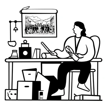 An artist with a quill in hand is focused on creating an engraving of the Boston Massacre. The workspace is cluttered with tools and sheets of paper scattered around. The artist, dressed in period clothing, sits at a wooden table illuminated by a candle. The engraving shows the scene of the Boston Massacre, with soldiers and colonists depicted in a tense confrontation. An ink pot is placed next to the artist, and a large print of the engraving is pinned to the wall behind him. The overall composition captures the intensity of the moment and the meticulous effort of the artist.