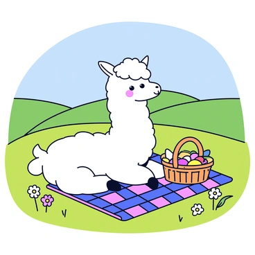 An alpaca with fluffy white fur is sitting on a green meadow. The alpaca has a friendly expression and is surrounded by a picnic setup. There is a woven basket filled with colorful snacks such as fruits and sandwiches. A checkered blanket is spread out on the grass. Bright sunlight casts soft shadows, and a few wildflowers are scattered nearby. In the background, there are gentle rolling hills under a clear blue sky.