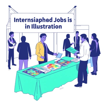 A white booth at a career fair features a large banner with the words "Internships and Jobs in Illustration" printed in bold letters. In front of the booth, a teal table displays multiple brochures showcasing various illustration opportunities. A friendly representative stands behind the table, engaging with an interested visitor who is taking a brochure. Several colorful portfolios are open on the table, displaying vibrant illustrations. The background includes other booths, adding to the lively atmosphere of the career fair.