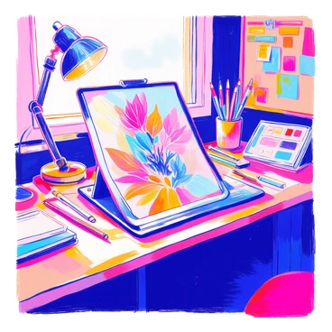 A digital artist's workspace features a large wooden desk with a sleek graphic tablet prominently displayed. On the tablet's screen, there is an illustration in progress, showcasing vibrant colors and intricate details. Surrounding the tablet are various art supplies, including pens, markers, and sketchbooks. A computer monitor is positioned to the side, displaying a palette of colors. The workspace is illuminated by a desk lamp, casting soft light over the area, and there are colorful sticky notes pinned on a nearby board.