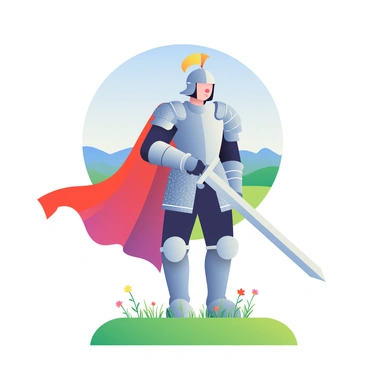 A medieval knight in shining silver armor is standing firmly on a grassy battlefield. The armor is detailed with intricate engravings and reflects the sunlight. The knight has a red cape flowing behind, and they are gripping a long, gleaming sword with both hands. The grass beneath their feet is vibrant green, and small wildflowers are scattered around. In the background, distant hills rise gently under a clear blue sky. The knight's helmet is adorned with a plume that stands tall, adding to their imposing stature.