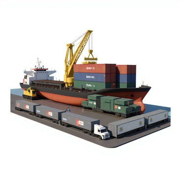 A series of intermodal containers in various colors, including red, blue, and green, are stacked on the deck of a cargo ship. A large crane, equipped with a bright yellow hook, is in the process of lifting one of the containers from the ship. In the background, a freight train is visible, with its flatbed rail cars ready to receive additional containers. Nearby, a semi-truck is parked, with a trailer designed to carry intermodal containers. The scene is set at a busy shipping port, with clear skies and several dockworkers overseeing the operation. Each container is marked with identification numbers and logos from various shipping companies.