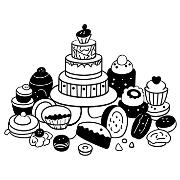 A collection of illustrated desserts and pastries arranged on an illustration board. There is a tiered cake with intricate designs sitting prominently in the center. Surrounding the cake are various pastries, including éclairs filled with cream, macarons stacked neatly, and a selection of colorful cupcakes topped with swirls of frosting. Small tarts filled with fruits and cream are scattered around, while cookies of different shapes and sizes are placed alongside. Each dessert has detailed textures and patterns, creating an enticing visual display. The entire scene is detailed and arranged artfully to showcase the variety and appeal of the treats.