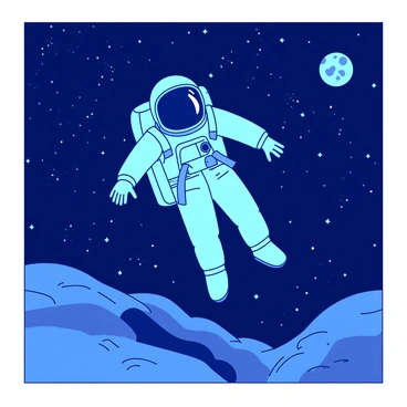 A blue astronaut in a white spacesuit is floating aimlessly in the vast, star-filled void of space. The astronaut is surrounded by countless twinkling stars against a dark background. The visor of the spacesuit reflects bits of starlight, and the body language of the astronaut suggests a feeling of dread, with arms slightly outstretched and a downward tilt of the head. In the distance, a large planet can be seen, adding a sense of scale to the infinite emptiness surrounding the astronaut.