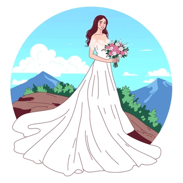 A bride stands on a mountaintop with her long, flowing white dress cascading behind her in a dramatic train. The dress is adorned with intricate lace patterns and delicate embroidery that shimmer in the sunlight. Her hair is styled elegantly, with soft waves falling gracefully over her shoulders. In her hands, she holds a beautiful bouquet of vibrant flowers, surrounded by lush greenery and rocky terrain. The sky above is clear and blue, providing a stunning backdrop to this picturesque scene.