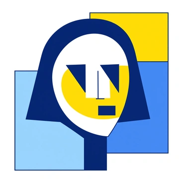 A portrait of a person is depicted using large, simplified geometric shapes. The face is constructed from overlapping circles and rectangles, creating an abstract representation. The person's features are suggested through stark lines and blocks of contrasting colors. The background is filled with vibrant yellow and deep blue, further emphasizing the portrait's boldness. The eyes are represented as two distinct triangles, and the mouth is a horizontal rectangle. The overall composition is striking and maintains a sense of balance and harmony through the use of shapes.