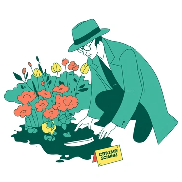 A teal detective wearing a long trench coat and a fedora is kneeling beside a flower bed in a garden crime scene. The detective is closely examining the soil, uncovering a shiny metallic knife partially buried beneath vibrant orange flowers. The garden is well-maintained, with various colorful blooms surrounding the area, and a small yellow sign indicating "Crime Scene." The detective's expression is focused and serious, reflecting the gravity of the situation as they carefully lift the knife from the earth.