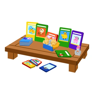 A collection of Pokémon cards in various unique shapes and sizes is creatively displayed on a wooden table. The cards feature vibrant, colorful illustrations of different Pokémon characters, each with distinct designs and abilities. Some cards are rectangular, while others have rounded edges or playful cut-outs. The arrangement showcases a mix of rare and common cards, with a few holographic cards reflecting light. A small stack of cards leans against a decorative Pokémon figure, adding an extra layer of interest to the display.