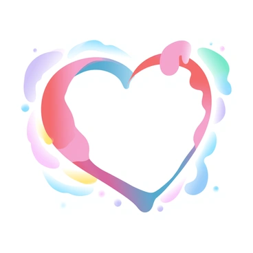 A large heart shape is splattered with vibrant paint in various bright colors, including red, blue, yellow, and green. The paint appears to be dripping from the edges of the heart, creating a dynamic effect. The heart is placed against a softly colored background that enhances the vividness of the paint. Surrounding the heart are abstract shapes in gradient pastel tones that complement the colors of the paint.