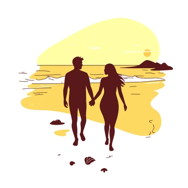 A yellow beach is illuminated by the soft glow of a setting sun that casts a warm light across the horizon. In the foreground, two dark silhouettes of a couple are holding hands, their figures slightly leaning towards each other as they stroll along the shore. The couple's hair is gently tousled by the breeze, and their feet leave faint impressions in the wet sand. The ocean waves lap softly at the shore, reflecting the yellow hues of the sky. A few scattered seashells can be seen along the water's edge, enhancing the romantic atmosphere of the scene.
