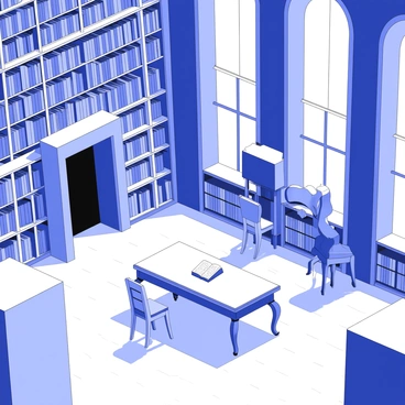 A vast library with towering shelves filled with books. Soft light filters through tall windows, casting elongated shadows on the wooden floor. In one corner, there is a hidden alcove, slightly obscured by tall stacks of books. This alcove is darker and filled with deep shadows, suggesting a sense of mystery. A large, ornate wooden table sits in the center, surrounded by antique chairs, and an open book lies on the table with pages gently turned. The atmosphere is quiet and still, inviting exploration.