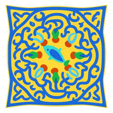 An intricate arabesque design with swirling patterns and interwoven lines. The tapestry features stylized fish motifs, each with a unique shape and elaborate detailing. The fish are arranged rhythmically throughout the design, creating a sense of flow. The colors are vibrant, with blues and greens predominating for the fish, contrasted by rich earth tones in the background. The overall composition evokes an ornate and decorative feel, harmoniously blending all elements.