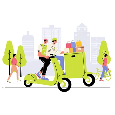 A courier riding a green electric scooter is navigating through an urban area. The scooter features a sleek design with a bright green frame. The courier wears a lightweight vest with a logo that signifies eco-friendliness. On the back of the scooter, there is a large, sturdy delivery box filled with various eco-friendly parcels, such as reusable bags and biodegradable products. Skyscrapers and trees line the streets, showcasing a blend of nature and city life. Pedestrians walk along the sidewalk, and a few bicycles are parked nearby.