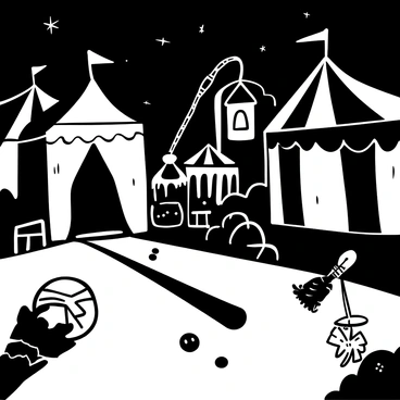 A dark and twisted circus scene with "faded tents" sagging under the weight of age and neglect. Shadows cast long across the ground, creating an unsettling atmosphere. Lurking in the background are distorted carnival rides, their shapes barely visible against the night sky. The air is filled with the sound of "eerie laughter" echoing throughout the setting. A flickering lantern hangs from a makeshift pole, casting ghostly light on the ground. Abandoned props, such as a broken clown statue and frayed juggling balls, are scattered around, adding to the haunting ambiance.