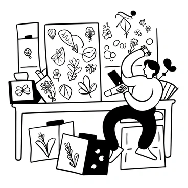 An artist sitting at a wooden table, surrounded by various botanical sketches. The artist is holding a pencil and focused on a large sheet of paper, where detailed illustrations of leaves are being drawn. Each leaf is intricately depicted, showcasing various patterns and textures, with some leaves overlapping to display their unique shapes. Nearby, there are several reference books open to pages featuring different types of leaves. Tools such as erasers, fine-liner pens, and a magnifying glass are scattered around the table, emphasizing the artist's dedication to capturing the details of nature.