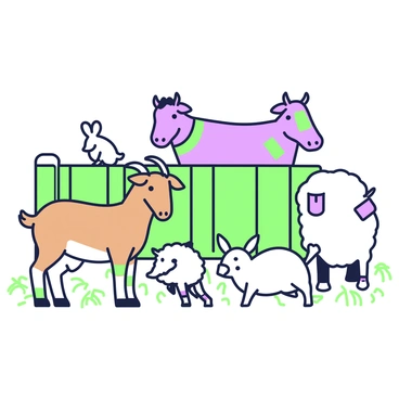 A petting zoo scene featuring a variety of animals. In the foreground, a brown goat is standing next to a small sheep, both wearing bright bandages on their legs. Nearby, a pig is sitting, with bandages wrapped around its ear and tail. A rabbit is hopping around, displaying a colorful bandage on its paw. In the background, a pen contains two larger animals, a cow and a horse, each adorned with vibrant bandages on their necks. The area is filled with straw scattered on the ground, and a wooden fence encloses the petting zoo, creating a welcoming atmosphere.