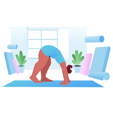 A yoga instructor is on a mat in a studio, demonstrating the cat-cow pose. The instructor is in a transition phase, with an arched back for the cat position and a slight dip for the cow position. The studio is filled with soft, gradient pastel colors, creating a calming atmosphere. Various yoga mats are rolled up neatly along the walls, and there are potted plants in the corners, adding a touch of greenery to the space. A large window lets in soft natural light, illuminating the scene.