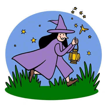 A witch with light skin and long black hair wearing a long purple cloak is running through a grassy field. She is holding an ornate lantern that emits a warm yellow glow. Around her, glowing fireflies are flickering in the dusk light, creating a magical atmosphere. The background features tall grass and a clear evening sky filled with stars. The witch has a joyful expression, showing her excitement as she chases the fireflies.