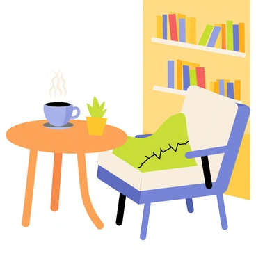 A cozy corner in a coffee shop features a small wooden table with a round shape. On the table sits a steaming cup of coffee, with wisps of steam rising above it. A comfortable armchair with soft cushions is positioned next to the table. The walls of the coffee shop are painted in warm tones, and there are shelves filled with books in the background. A small potted plant sits on the table next to the cup, adding a touch of greenery to the scene.