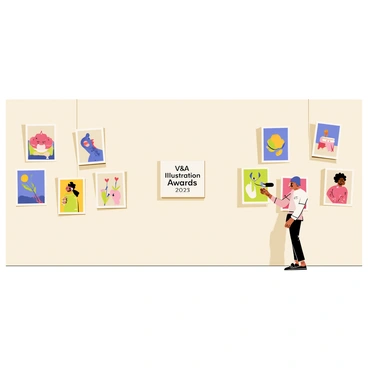 A gallery wall featuring a variety of framed illustrations. Each frame is uniquely designed, showcasing winning pieces of the V&A Illustration Awards. The illustrations include vibrant colors and diverse themes, with subjects ranging from animals to abstract concepts. The arrangement of the frames is slightly staggered, creating a dynamic visual effect on the wall. Soft lighting highlights the details of each illustration, enhancing the overall display. A small plaque in the center of the wall reads "V&A Illustration Awards Winners 2023" in elegant typography.
