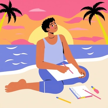 An artist sitting on a sandy beach is sketching on a digital tablet. The artist has short black hair and is wearing a light blue tank top. The tablet is bright and sleek, resting on their lap. Surrounding the artist are scattered art supplies, including colored pencils and a sketchbook. The sky in the background displays vibrant warm colors as the sun sets, with shades of orange, pink, and purple blending together. The ocean waves gently lap at the shore, reflecting the colors of the sunset. Palm trees loom in the distance, adding to the tropical atmosphere.