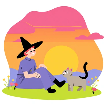 Meg, a cartoon witch with a tall black hat and a purple dress, is sitting on a grassy hilltop next to her friend Mog, a cute gray cat with big eyes. They are facing a vibrant sunset that fills the sky with shades of orange, pink, and purple. The sun is just above the horizon, casting a warm glow on their faces. Meg has a content smile, while Mog is looking curiously at the colorful clouds. Around them, there are a few wildflowers and the silhouette of distant trees. A gentle breeze is indicated by the way Meg's hat flutters slightly.