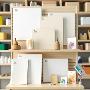 A display in an art supply store featuring a variety of illustration boards in different sizes. The boards are neatly arranged on wooden shelving, showcasing a range of colors from white to cream and pastel shades. Each board is labeled with its dimensions and type, such as "watercolor," "sketch," and "mixed media." The lighting highlights the texture of the boards, and there are small samples of artwork nearby that demonstrate the use of each type. The background includes various art supplies, such as paints and brushes, adding to the artistic atmosphere of the scene.