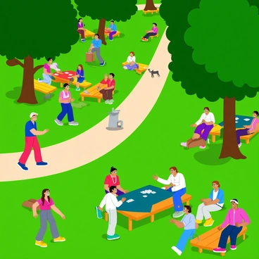 A bustling city park filled with vibrant green grass and tall trees providing shade. Groups of friends are gathered around picnic tables, engaged in a game of mahjong. The tables are adorned with colorful tablecloths and scattered tiles. Nearby, children are playing and laughing, while adults relax on benches. Sunlight filters through the leaves, casting playful shadows on the ground. A small pathway winds through the park, with people jogging and walking dogs, adding to the lively atmosphere.