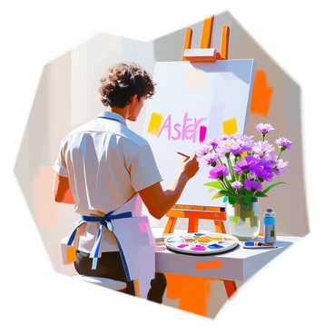 An artist painting a canvas, inspired by the aster flowers in front of them