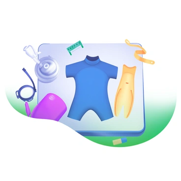 An organized layout of a diver's equipment on a smooth surface. The image features a neatly folded "wetsuit" in a vibrant blue color placed at the center. To the right, there are a pair of "fins" in bright yellow, positioned side by side. To the left, there is a shiny "tank" made of metal, prominently displayed with visible markings. Surrounding these items are small accessories like a "mask," a "snorkel," and a "weight belt," arranged in a tidy manner to illustrate a complete set of diving gear.