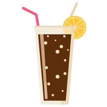 A tall glass filled with dark brown soda is positioned on a wooden table. The soda is bubbling vigorously, with numerous clear bubbles rising to the surface and popping at the top. The glass has a thick rim and is slightly frosted. A slice of lemon is perched on the edge of the glass, adding a pop of yellow color. A straw is placed inside the glass, curving playfully to the side. Light reflects off the surface of the soda, creating a glossy sheen.