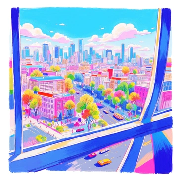 A panoramic view of a vibrant city is visible from a glass skybridge high above the ground. The skyline features a mix of modern skyscrapers with glass facades reflecting sunlight and traditional buildings with brick exteriors. Below, bustling streets are filled with cars and people, while parks with green trees and colorful flowers can be seen interspersed throughout the urban setting. The sky is a bright blue with fluffy white clouds scattered across it. The glass skybridge itself is sleek and modern, with clear panels allowing for an unobstructed view of the cityscape below.
