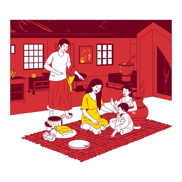 A red and yellow traditional Javanese house is depicted in the scene. In the foreground, Kartini is seated on a woven mat, wearing a beautiful batik dress. She is surrounded by her family members, including her parents and siblings. Her father is standing beside her, wearing a traditional Javanese outfit and a batik sarong. Her mother is sitting on the mat, holding a small child in her lap, dressed in a simple yet elegant dress. The siblings are playing nearby, engaged in lively conversation. The interior of the house is adorned with wooden furniture, a rice mortar, and traditional decorations, reflecting the early 20th century Java lifestyle. Light streams in through the open windows, illuminating the joyful atmosphere.