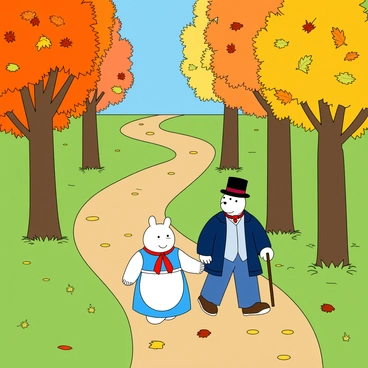 Moominmamma and Moominpappa are strolling along a winding path in a vibrant green forest. Moominmamma has a round, white body with a cheerful expression, wearing a blue dress with an apron and a red scarf tied around her neck. Beside her, Moominpappa has a stout, white figure with a gentle smile, dressed in a blue coat, a black top hat, and holding a cane in one hand. Colorful autumn leaves, shades of orange, yellow, and red, are gently falling from the trees above, creating a picturesque scene around them. The ground is dotted with fallen leaves, and various trees with thick trunks and lush foliage frame the path. The sky above is bright blue, adding to the cheerful atmosphere of their walk.