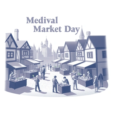 A bustling medieval market scene filled with activity. Various stalls are set up, showcasing goods such as fruits, vegetables, and handmade crafts. Vendors interact with customers, exchanging items and coins. People of different ages are present, including children playing nearby. The architecture of the market is characterized by timber-framed buildings surrounding the square, with a cobblestone path running through the center. In the background, a castle can be seen, completing the medieval atmosphere. "Medieval Market Day" is written in an ornate font above the scene.