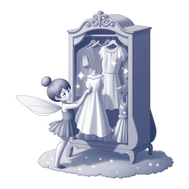 A small fairy with delicate wings is standing in front of an ornate, magical wardrobe. The wardrobe is richly decorated with intricate carvings and sparkles faintly. The fairy is holding up a shimmering dress, examining it closely with a curious expression. Several outfits of various styles are hanging inside the wardrobe, each with unique patterns and textures. The floor is covered with soft, lush moss, and hints of glowing fairy dust are scattered in the air around her, adding to the enchanting atmosphere.
