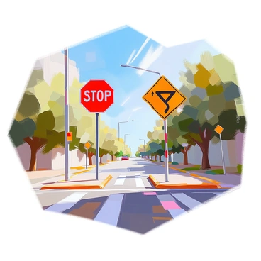 Two road signs are positioned at an intersection, creating angles of 2 degrees and 5 degrees between them. The first sign displays a "Stop" symbol in bright red, while the second sign features a "Yield" symbol in yellow. The signs are mounted on sturdy poles, with the intersection marked by white lines on the asphalt road. Surrounding the area, there are green trees and a clear blue sky overhead.