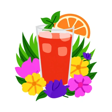 A refreshing negroni cocktail in a clear glass with ice cubes and a slice of orange on the rim. The cocktail features a rich red color and is garnished with a sprig of fresh basil. Surrounding the glass are vibrant blooming flowers in various colors, including pink, yellow, and purple. The flowers are lush and vivid, filling the frame with life. The setting is a well-kept garden, bathed in warm sunlight, with green foliage in the background.