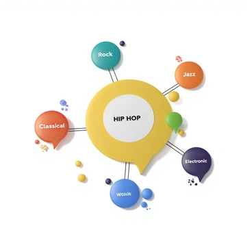A vibrant concept map with various music genres represented by colorful bubbles. Each genre, such as "Rock," "Jazz," "Hip Hop," "Classical," and "Electronic," is displayed in a different bold color. Lines connect the bubbles, illustrating the influences between genres. Each line is adorned with small icons or symbols representing elements like instruments or styles unique to each genre. The background is bright and engaging, enhancing the visibility of the concept map.