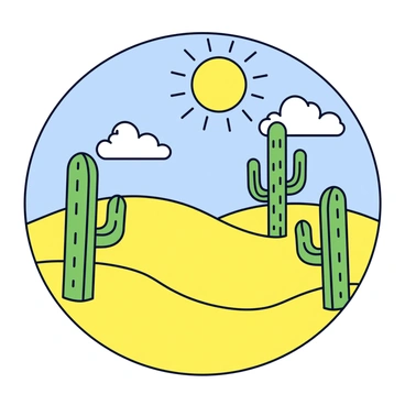 A t-shirt design featuring a wide desert landscape with golden sand dunes. In the foreground, several tall green cacti with distinct spines are positioned, their shapes varying from rounded to tall and slender. The sun is depicted as a large yellow circle in the sky, casting bright rays that extend outward. The background consists of a clear blue sky with a few fluffy white clouds scattered throughout. The overall composition is simple and bold, emphasizing the elements of the desert scene.