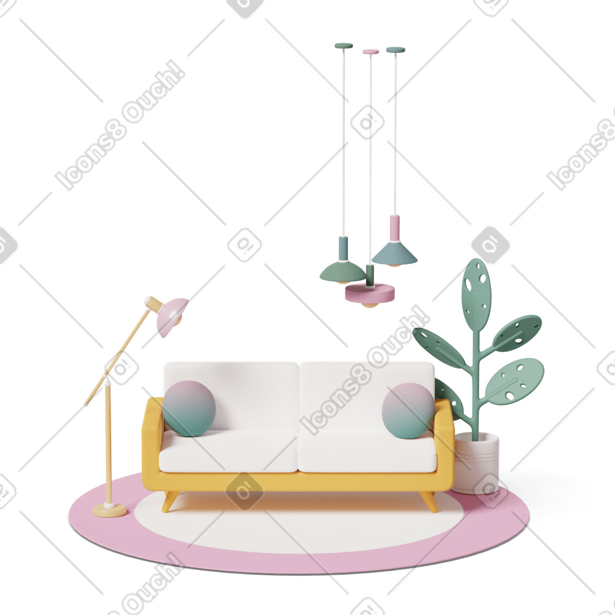 Living room interior set with couch illustration in 3D Casual life style download in PNG, SVG